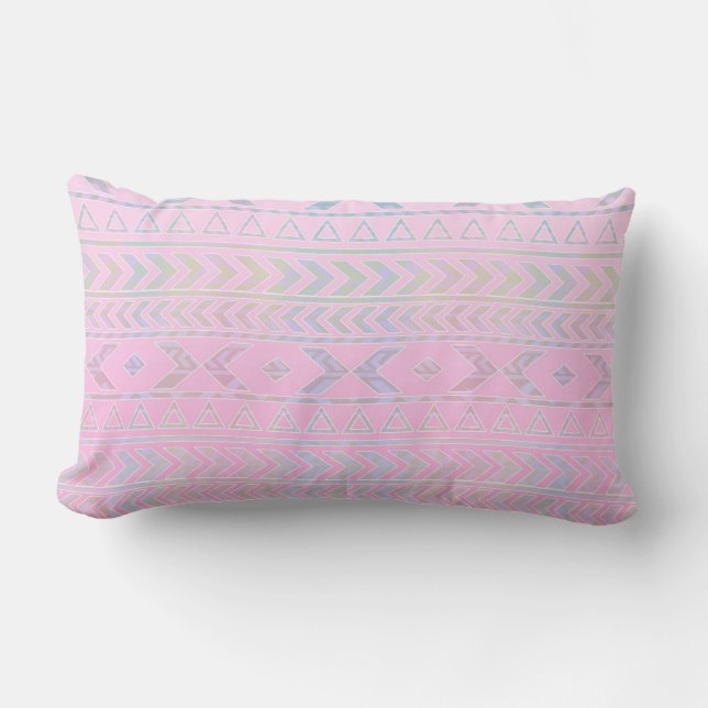 Cute Pink Aztec Art Influenced Pattern Lumbar Pillow (Front)