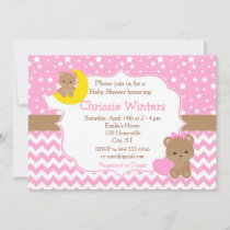 Cute Pink Baby Bear with Star Baby Shower Invitation