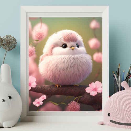 Cute Pink Baby Bird on Tree Floral Art Nursery Poster