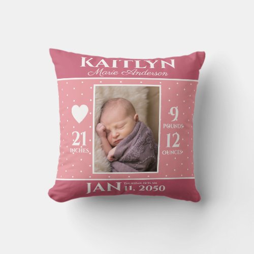 Cute Pink Baby Birth Stats Keepsake Nursery Throw Pillow