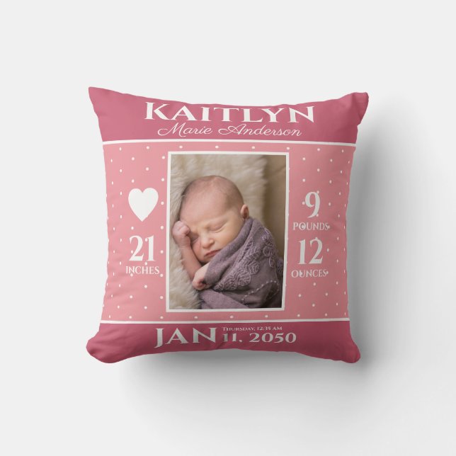 Cute Pink Baby Birth Stats Keepsake Nursery Throw Pillow (Front)