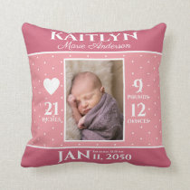 Cute Pink Baby Birth Stats Keepsake Nursery Throw Pillow