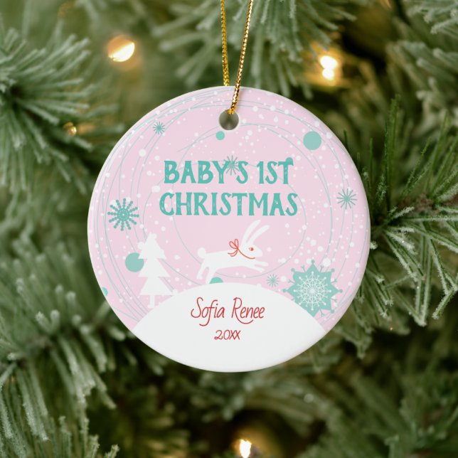 Cute Pink Baby Bunny 1st Christmas Personalized Ceramic Ornament (Tree)