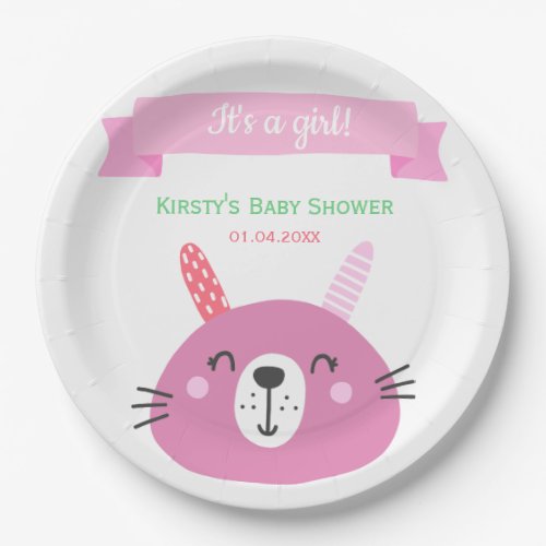 Cute Pink Baby Bunny  Baby Shower Paper Plates