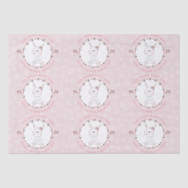 Cute Pink Baby Bunny Floral Wreath Personalized  Tissue Paper (Front)
