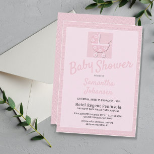 Cute Pink Baby Carriage Girls Baby Shower Invitation