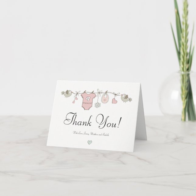 Cute Pink Baby Clothesline Baby Shower Thank You (Front)