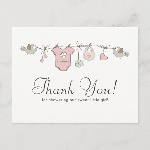 Cute Pink Baby Clothesline  Baby Shower Thank You Postcard