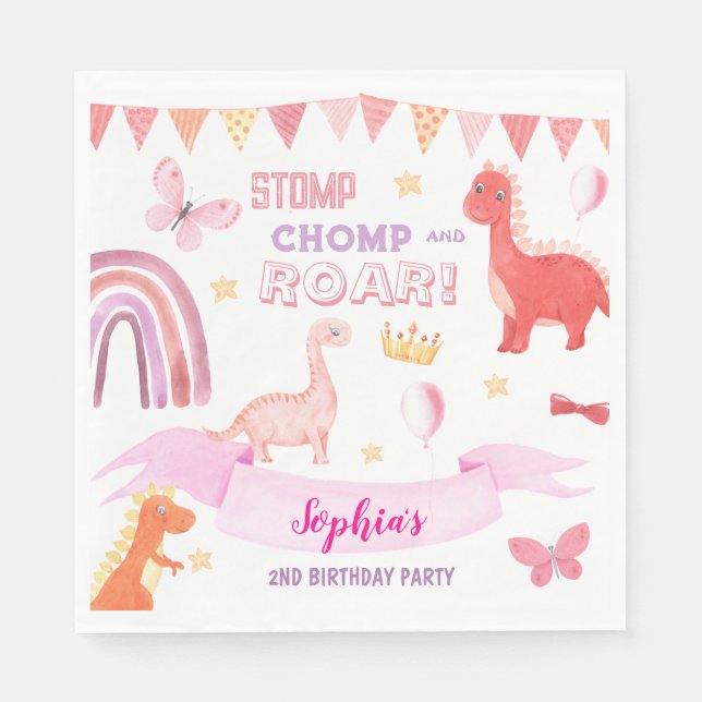 Cute Pink Baby Dinasaur Kids Birthday Party Napkins (Front)