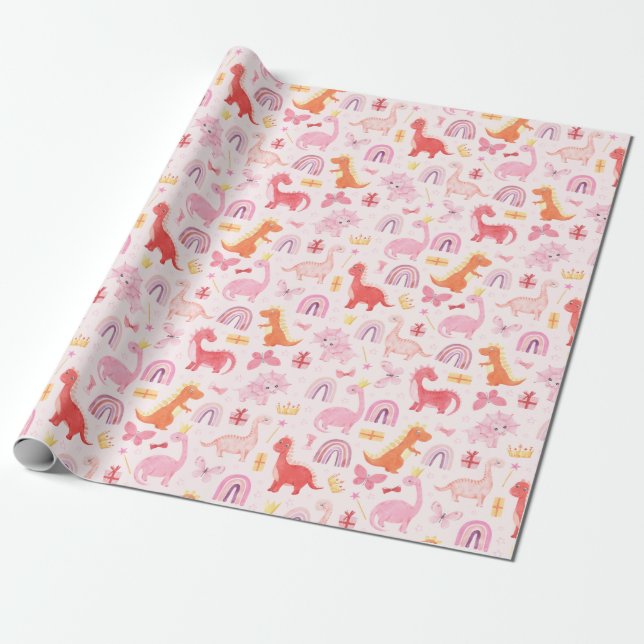 Cute Pink Baby Dino Dinosaur Kids Birthday Wrapping Paper (Unrolled)