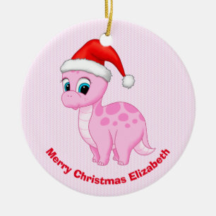 Cute Pink Baby Dinosaur with Santa Hat Ceramic Ornament