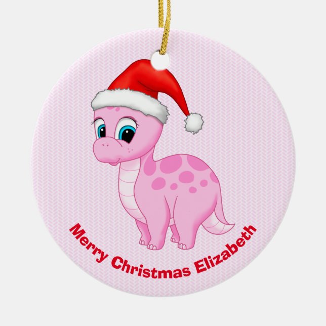 Cute Pink Baby Dinosaur with Santa Hat Ceramic Ornament (Front)