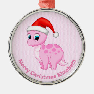 Cute Pink Baby Dinosaur with Santa Hat Metal Ornament