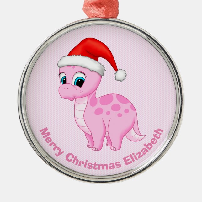 Cute Pink Baby Dinosaur with Santa Hat Metal Ornament (Front)