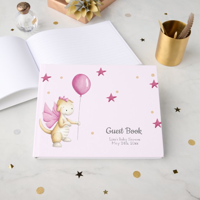 Cute Pink Baby Dragon Girl Baby Shower Guest Book (Front Open)