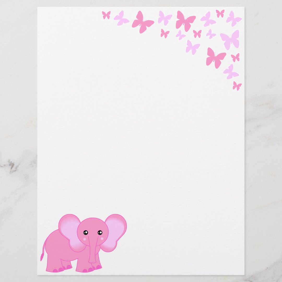 Cute Pink Baby Elephant And Butterflies Letterhead Zazzle