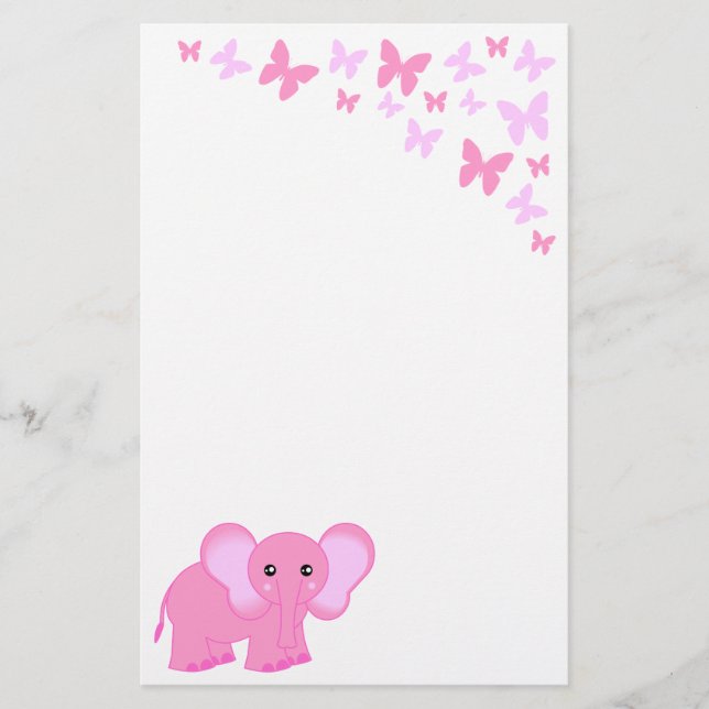 Cute Pink Baby Elephant And Butterflies Stationery (Front)