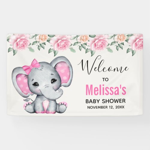 Cute Pink Baby Elephant and Roses Baby Shower Banner