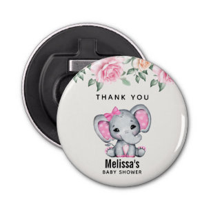 Cute Pink Baby Elephant and Roses Baby Shower Bottle Opener