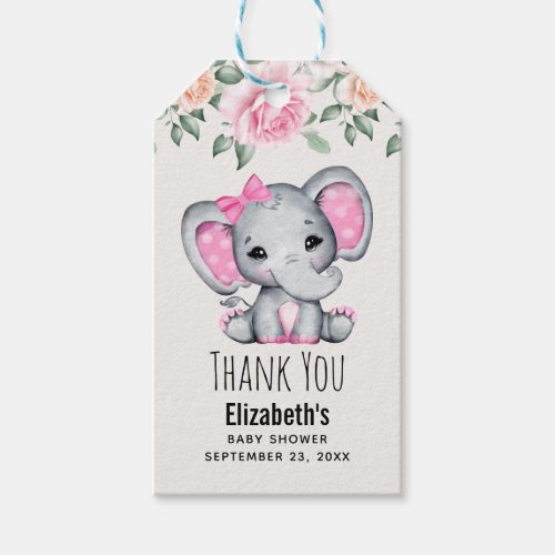 Cute Pink Baby Elephant and Roses Baby Shower Gift Tags