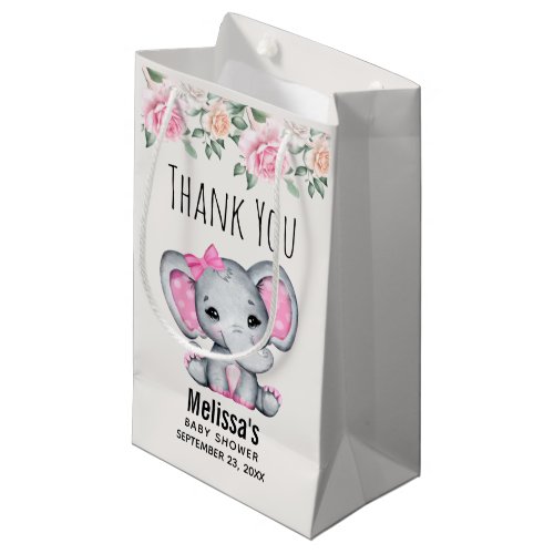 Cute Pink Baby Elephant and Roses Baby Shower Small Gift Bag