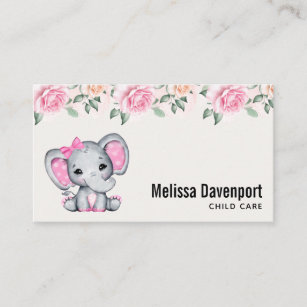 Cute Pink Baby Elephant and Roses Border Business Card