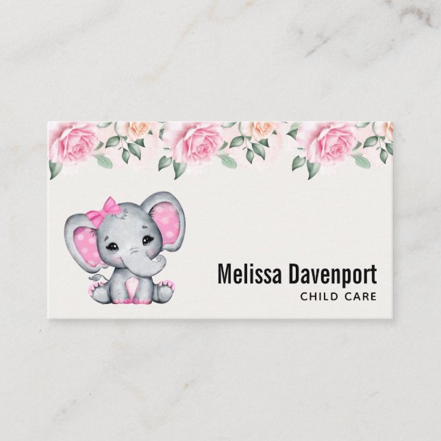 Cute Pink Baby Elephant and Roses Border Business Card (Front)