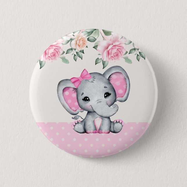 Cute Pink Baby Elephant and Roses Border Button (Front)