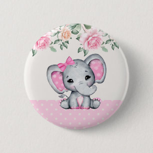 Cute Pink Baby Elephant and Roses Border Button