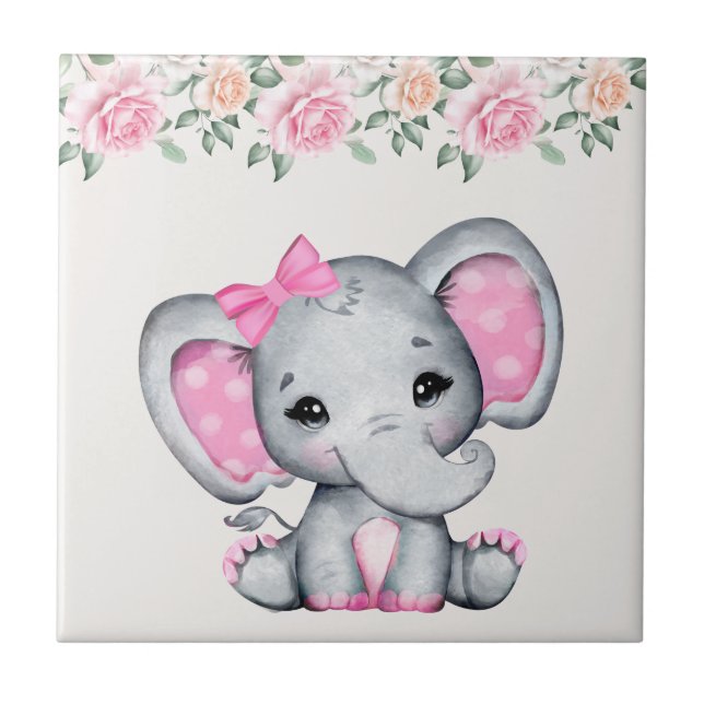 Cute Pink Baby Elephant and Roses Border Ceramic Tile (Front)