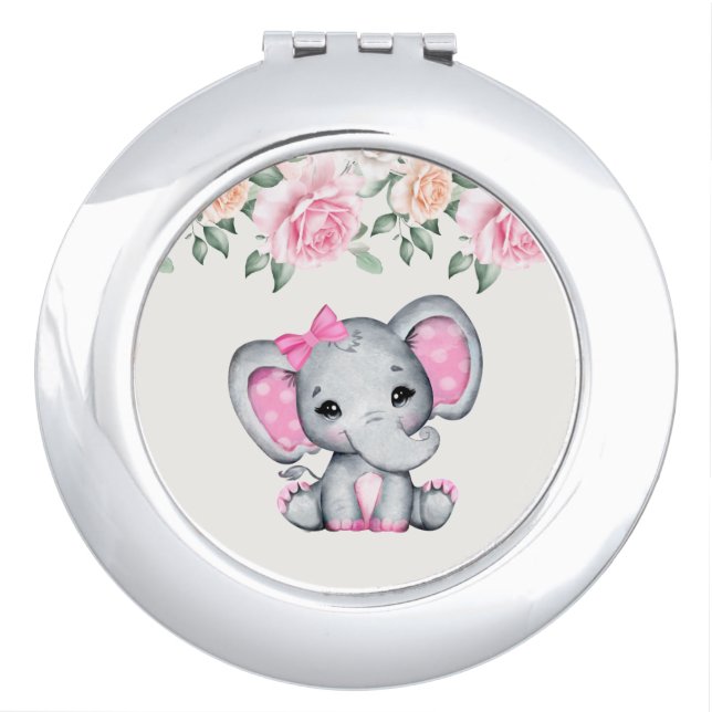 Cute Pink Baby Elephant and Roses Border Compact Mirror (Front)