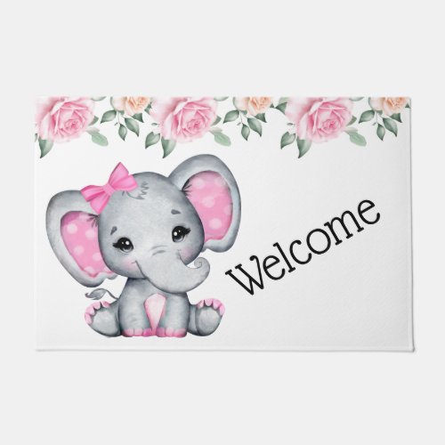 Cute Pink Baby Elephant and Roses Border Doormat