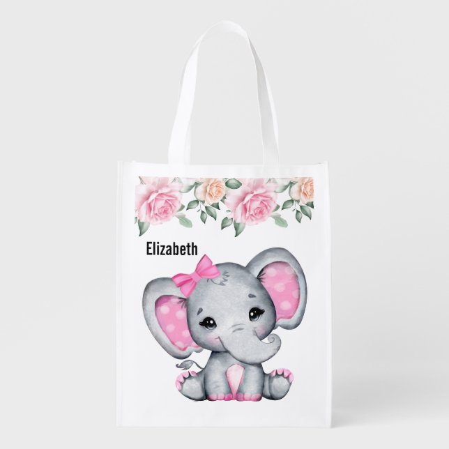 Cute Pink Baby Elephant and Roses Border Grocery Bag (Front)
