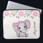 Cute Pink Baby Elephant and Roses Border Laptop Sleeve<br><div class="desc">A laptop sleeve with a cute pink elephant watercolor illustration. She has cute pink and white polka dot ears and a pretty pink ribbon bow on top of her head. 
The top is decorated with a beautiful rose bouquet.</div>