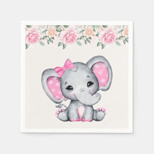 Cute Pink Baby Elephant and Roses Border Napkins