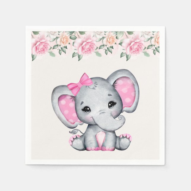 Cute Pink Baby Elephant and Roses Border Napkins (Front)
