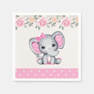 Cute Pink Baby Elephant and Roses Border Napkins