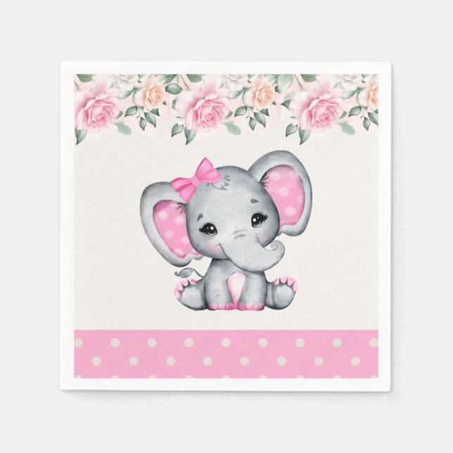 Cute Pink Baby Elephant and Roses Border Napkins (Front)