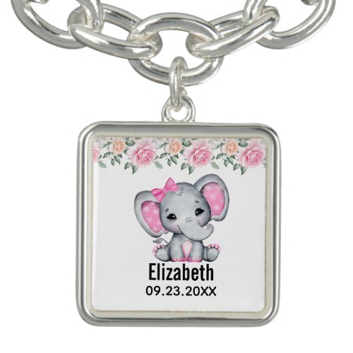 Cute Pink Baby Elephant and Roses Border New Baby Bracelet