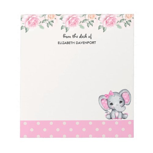 Cute Pink Baby Elephant and Roses Border Notepad