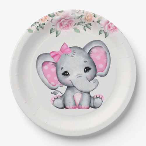 Cute Pink Baby Elephant and Roses Border Paper Plates