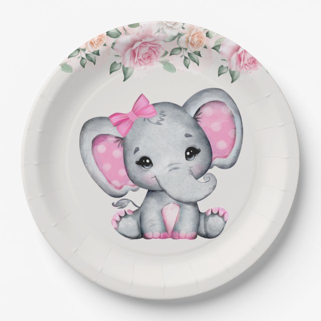 Cute Pink Baby Elephant and Roses Border Paper Plates (Front)