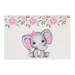 Cute Pink Baby Elephant and Roses Border Placemat