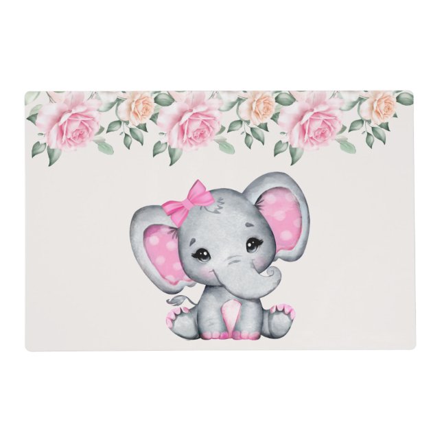 Cute Pink Baby Elephant and Roses Border Placemat (Front)