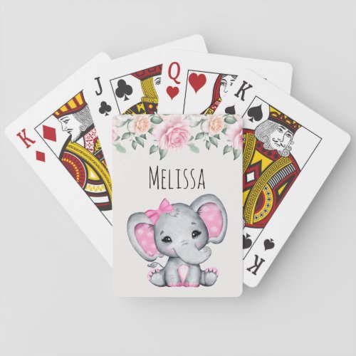 Cute Pink Baby Elephant and Roses Border Poker Cards