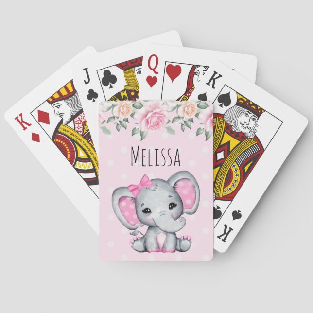 Cute Pink Baby Elephant and Roses Border Poker Cards (Back)