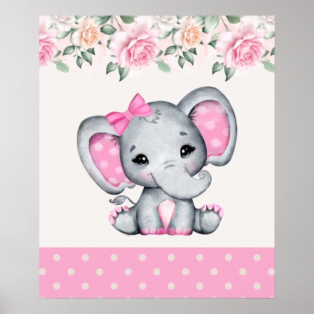 Cute Pink Baby Elephant and Roses Border Poster (Front)