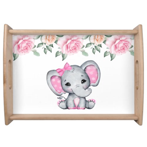Cute Pink Baby Elephant and Roses Border Serving Tray