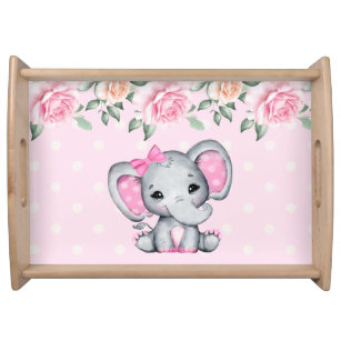 Cute Pink Baby Elephant and Roses Border Serving Tray
