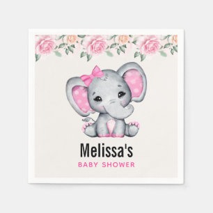 Cute Pink Baby Elephant and Roses Border Shower Napkins